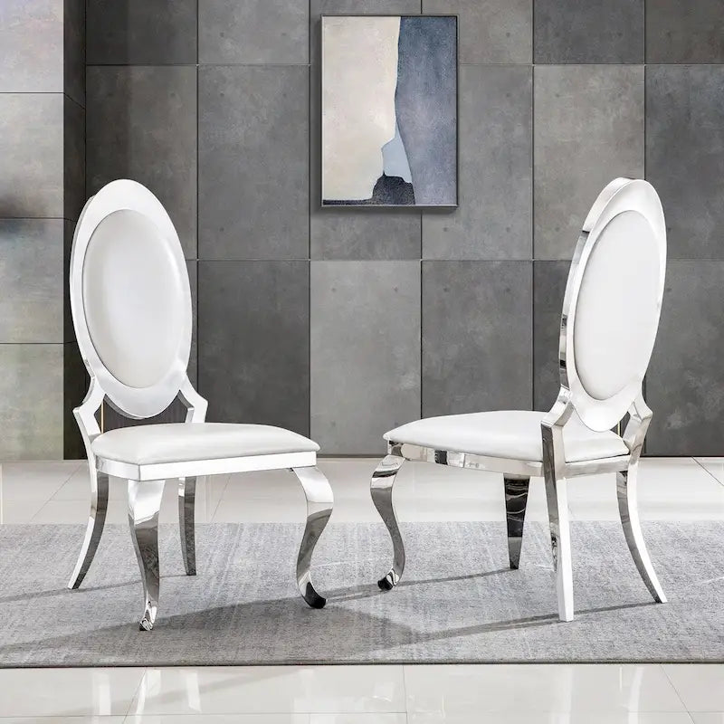 White Faux Leather Dining Chairs with Silver Cabriole Legs