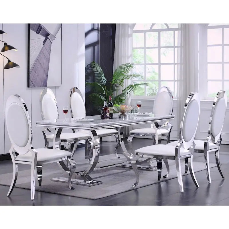 White Faux Leather Dining Chairs with Silver Cabriole Legs