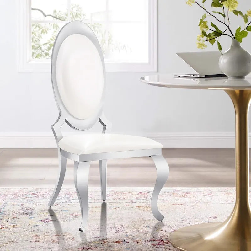 White Faux Leather Dining Chairs with Silver Cabriole Legs