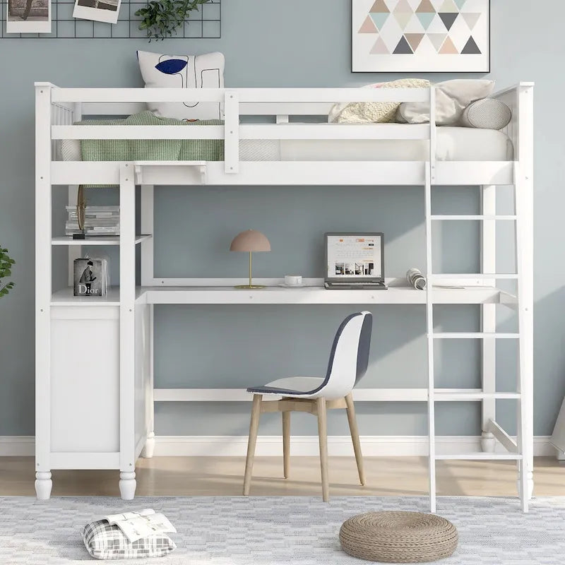 Twin Wooden Loft Bed with Desk, Drawers and Shelves
