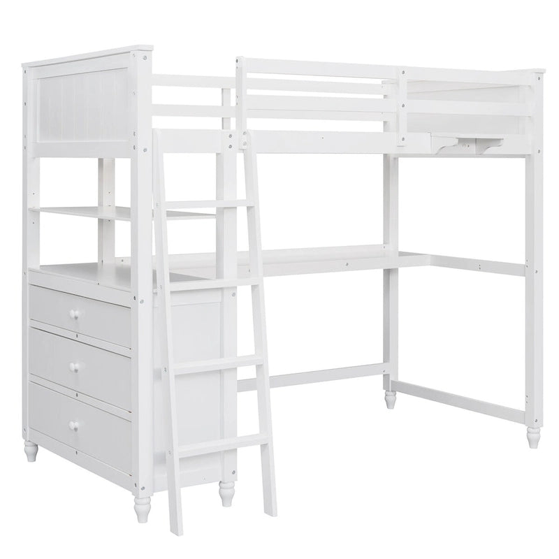 Twin Wooden Loft Bed with Desk, Drawers and Shelves