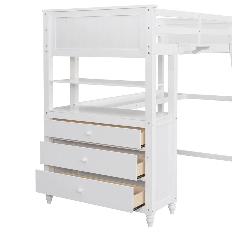 Twin Wooden Loft Bed with Desk, Drawers and Shelves