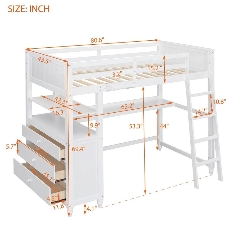 Twin Wooden Loft Bed with Desk, Drawers and Shelves