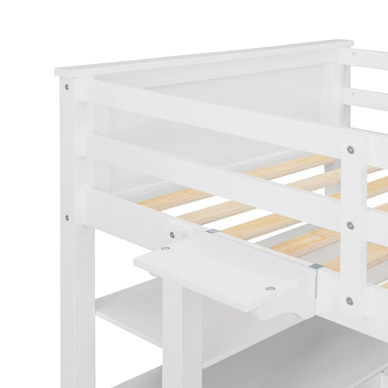 Twin Wooden Loft Bed with Desk, Drawers and Shelves