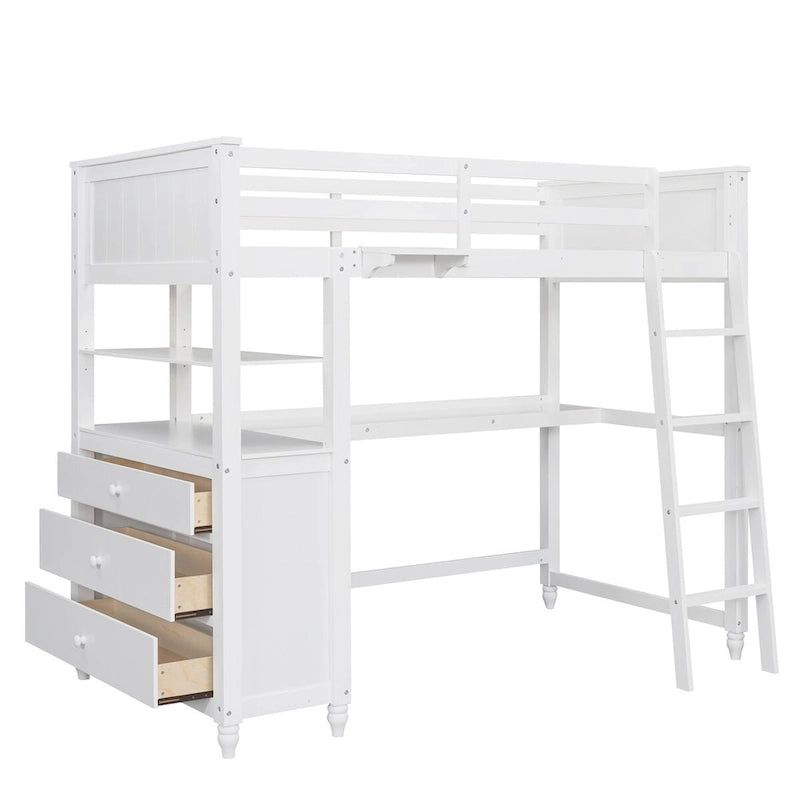 Twin Wooden Loft Bed with Desk, Drawers and Shelves