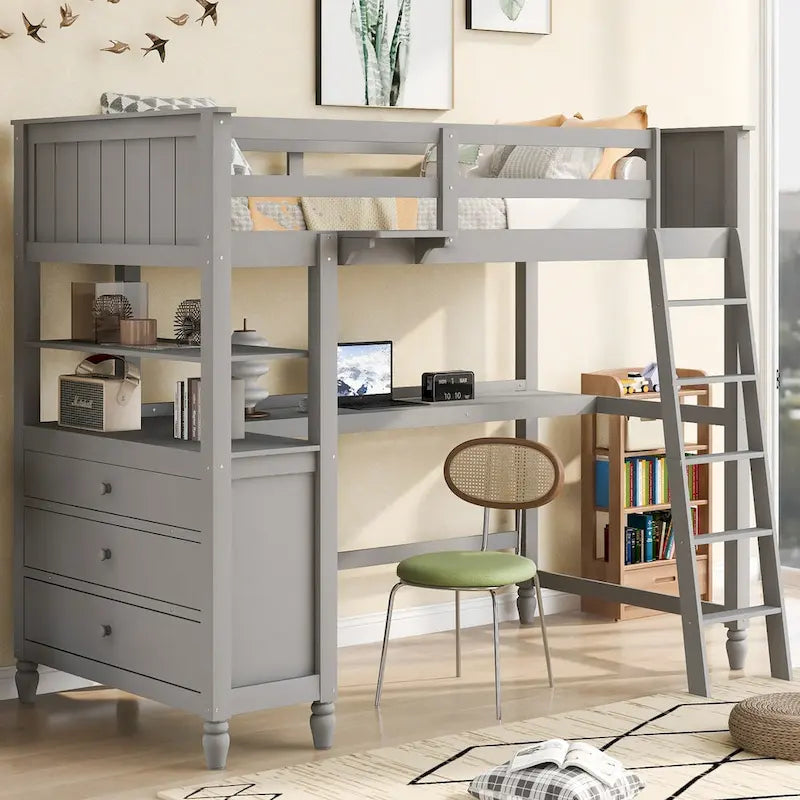 Twin Wooden Loft Bed with Desk, Drawers and Shelves