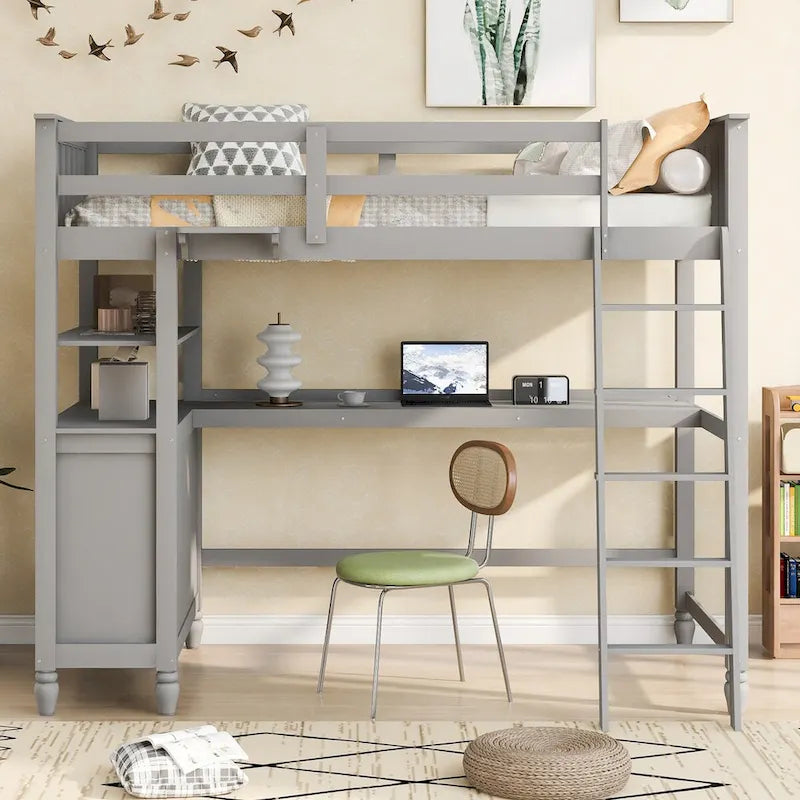 Twin Wooden Loft Bed with Desk, Drawers and Shelves