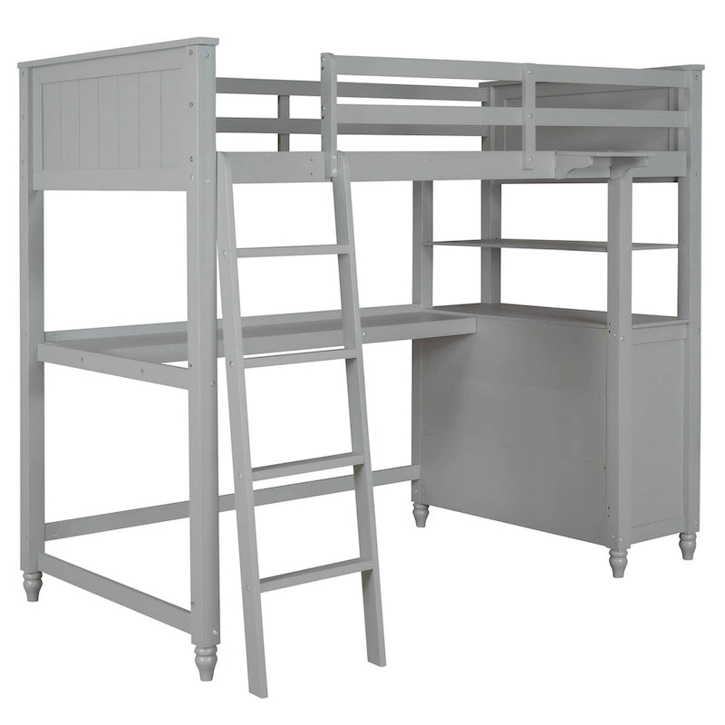 Twin Wooden Loft Bed with Desk, Drawers and Shelves