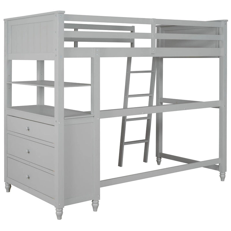 Twin Wooden Loft Bed with Desk, Drawers and Shelves