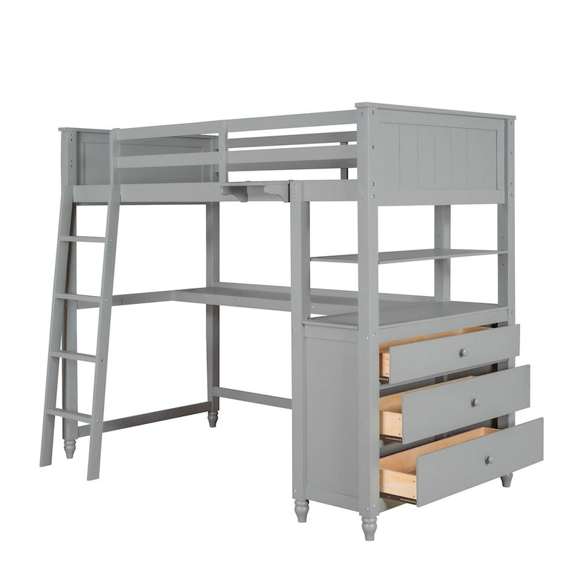 Twin Wooden Loft Bed with Desk, Drawers and Shelves