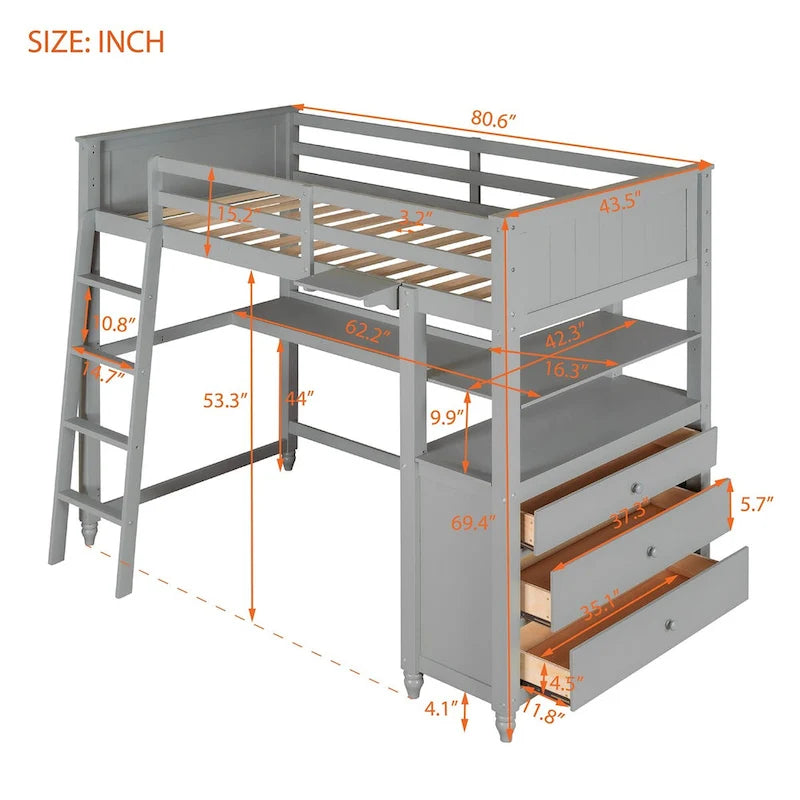 Twin Wooden Loft Bed with Desk, Drawers and Shelves