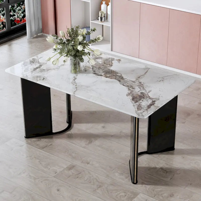 Rectangular White Marble-Look Dining Table with Gold Metal Accents