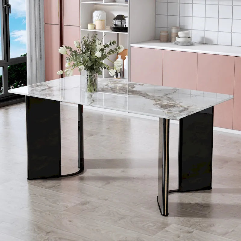 Rectangular White Marble-Look Dining Table with Gold Metal Accents
