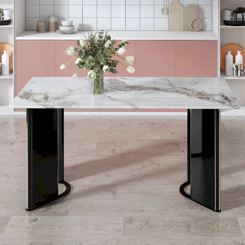 Rectangular White Marble-Look Dining Table with Gold Metal Accents