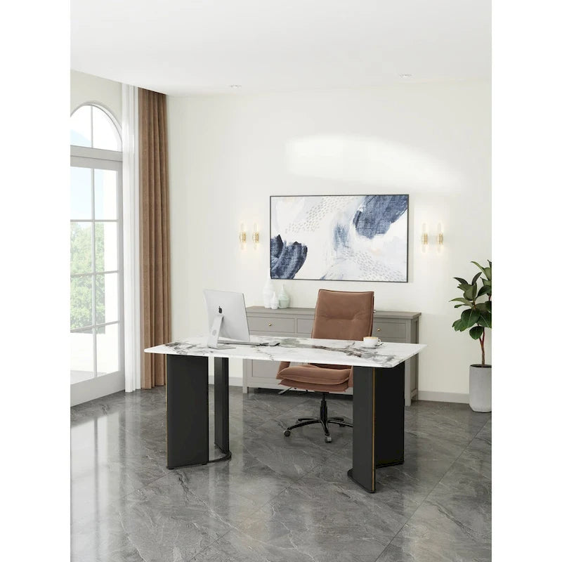 Rectangular White Marble-Look Dining Table with Gold Metal Accents