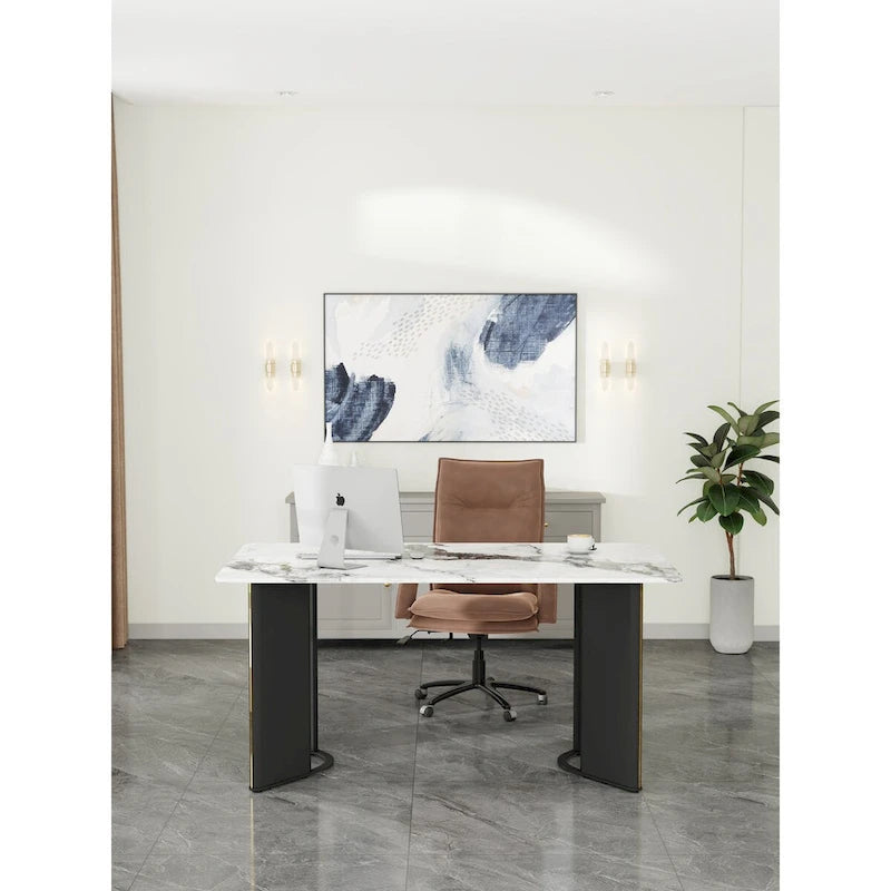 Rectangular White Marble-Look Dining Table with Gold Metal Accents