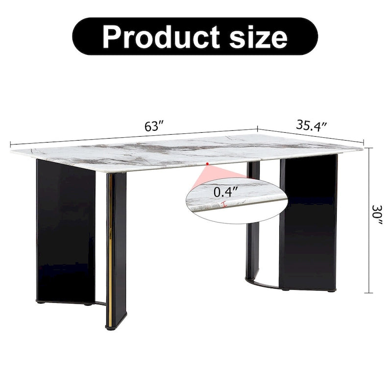 Rectangular White Marble-Look Dining Table with Gold Metal Accents