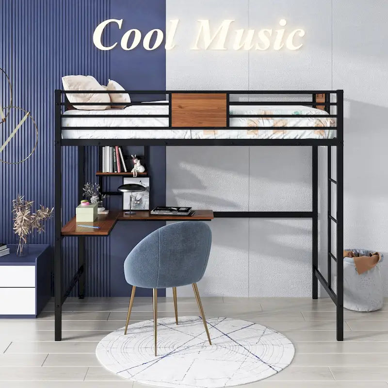 Twin Metal Loft Bed with Desk and Bookshelf