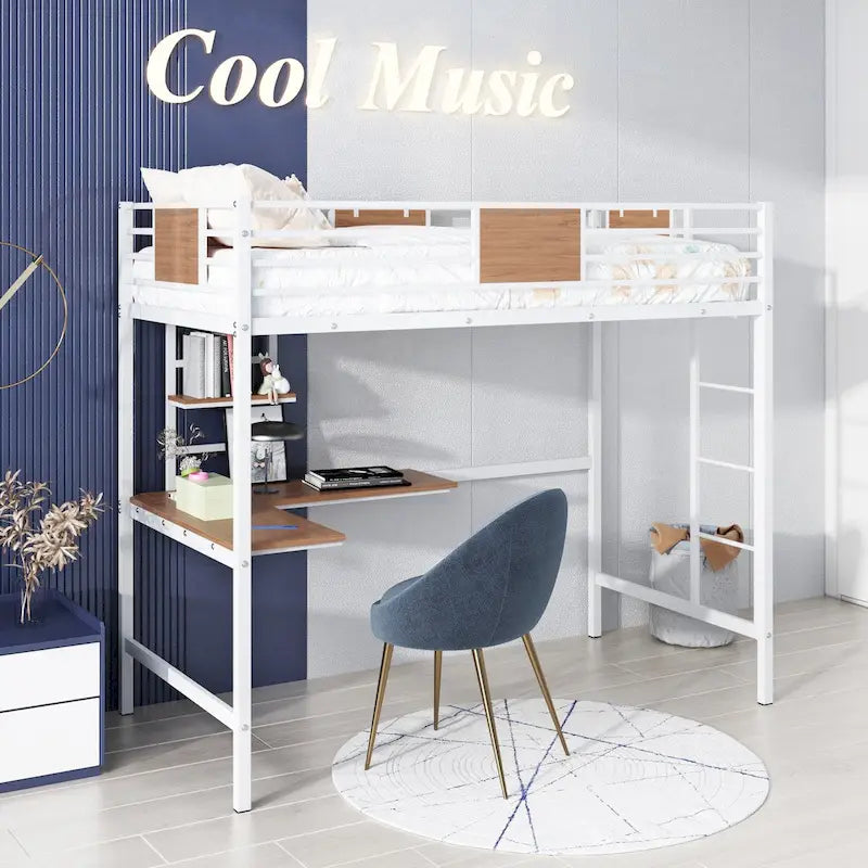 Twin Metal Loft Bed with Desk and Bookshelf