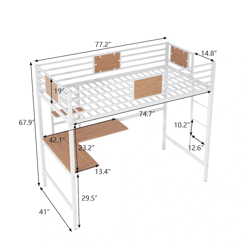 Twin Metal Loft Bed with Desk and Bookshelf
