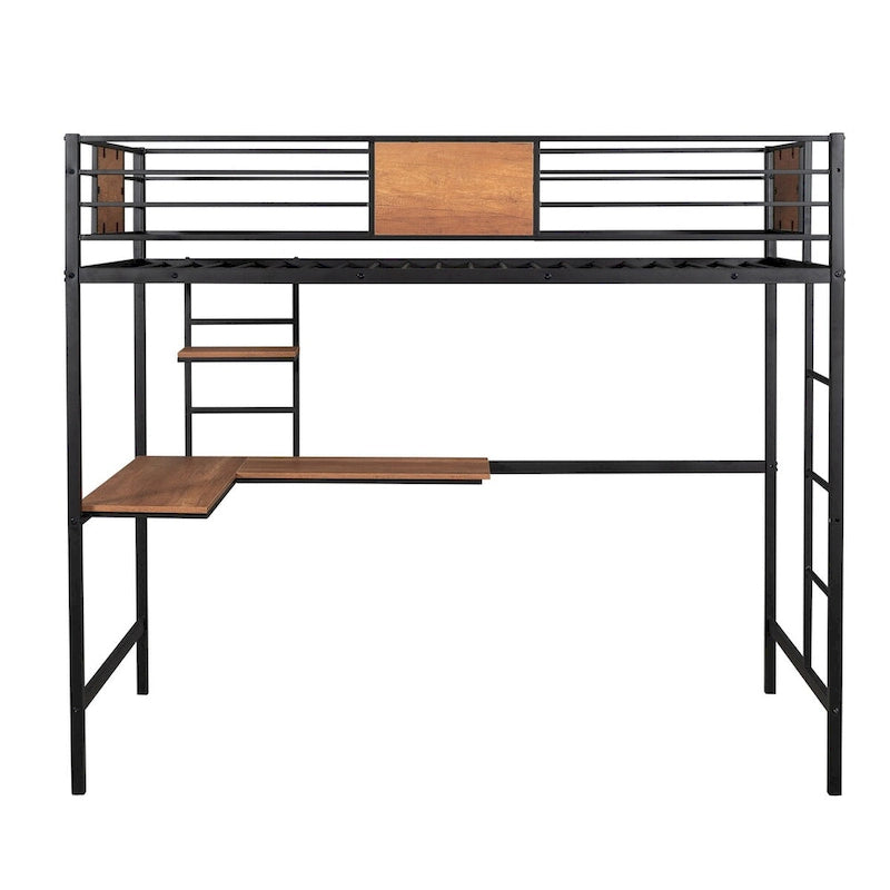 Twin Metal Loft Bed with Desk and Bookshelf