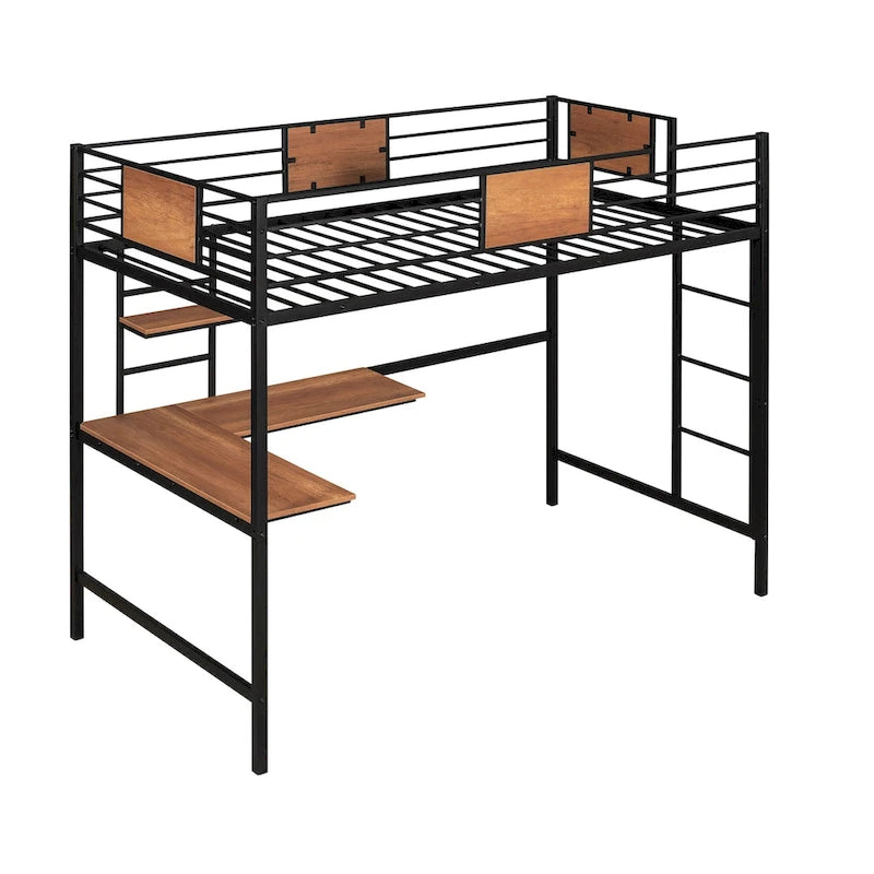 Twin Metal Loft Bed with Desk and Bookshelf