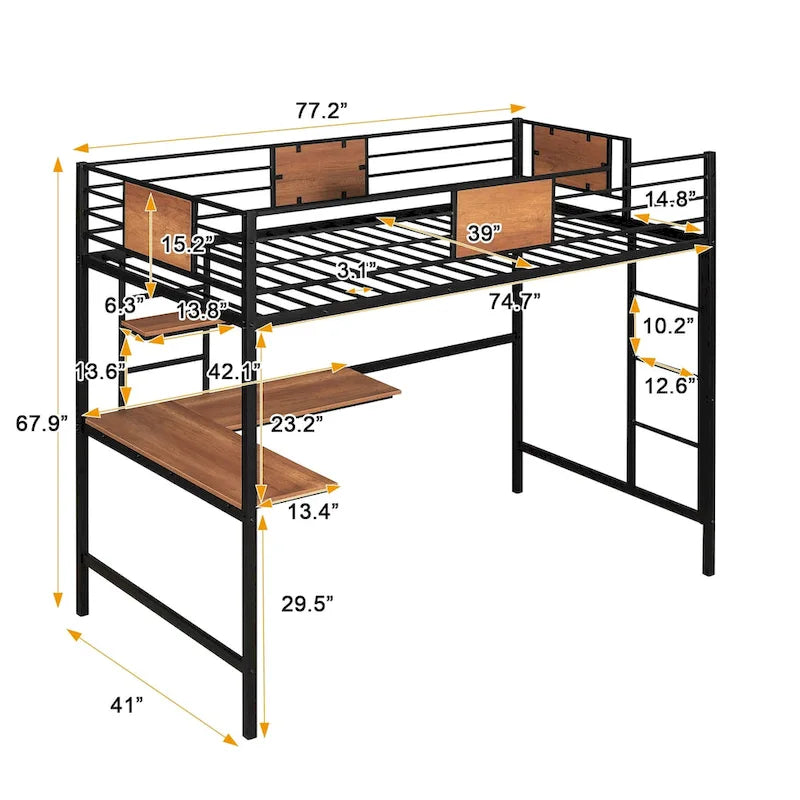 Twin Metal Loft Bed with Desk and Bookshelf