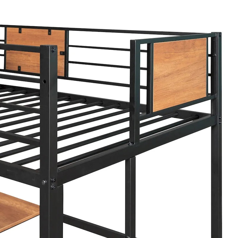 Twin Metal Loft Bed with Desk and Bookshelf