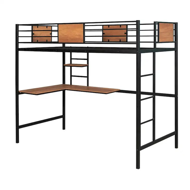 Twin Metal Loft Bed with Desk and Bookshelf