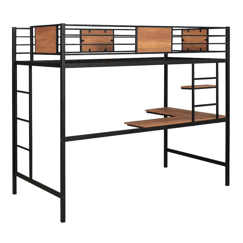 Twin Metal Loft Bed with Desk and Bookshelf