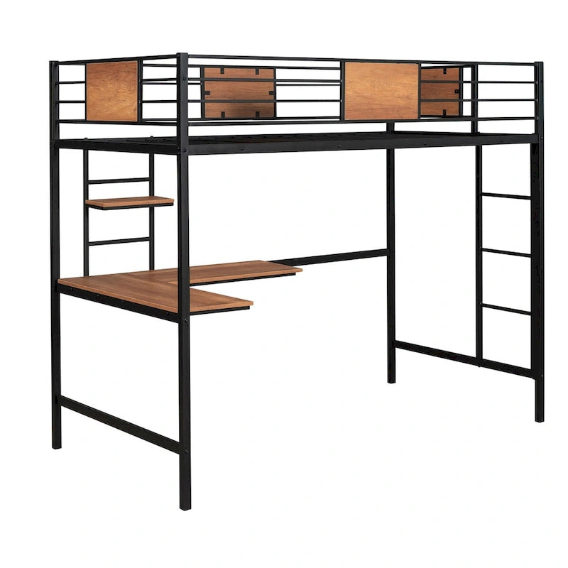 Twin Metal Loft Bed with Desk and Bookshelf