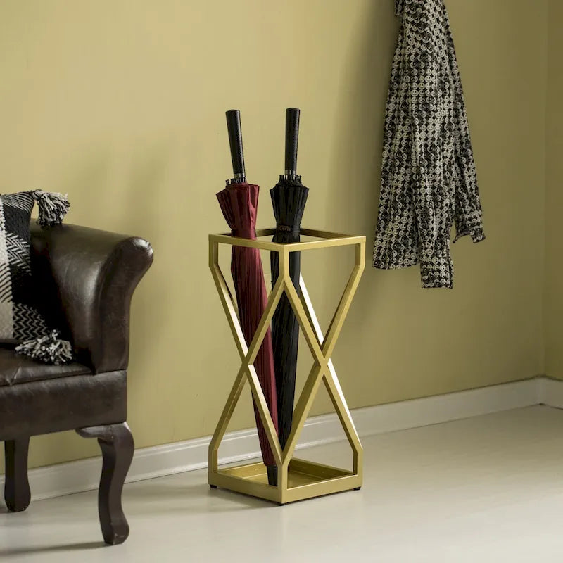Decorative Gold Square X Design Umbrella Holder Stand for Indoor and Outdoor