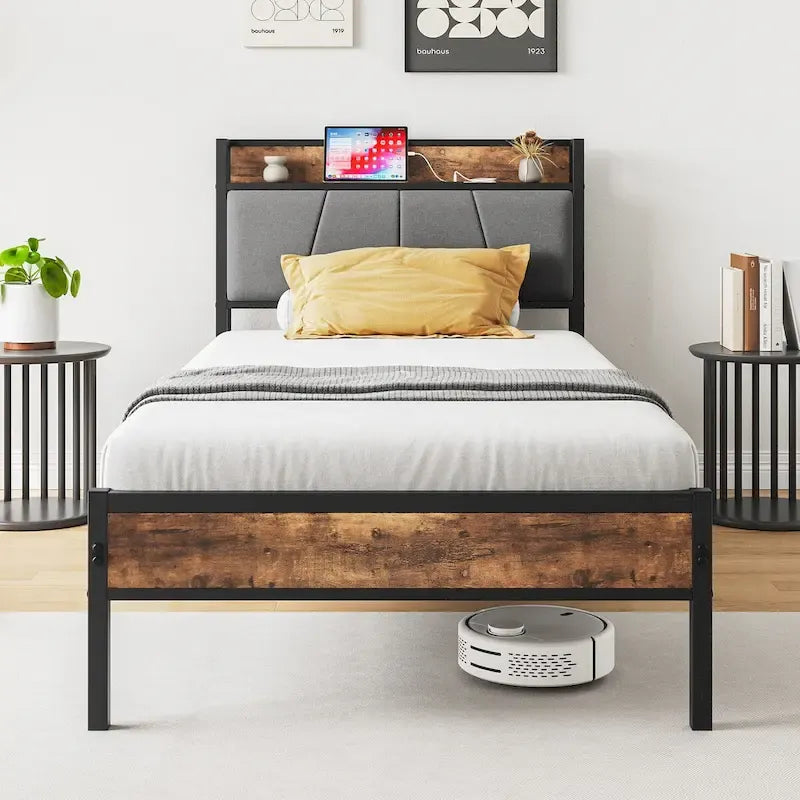 Twin Size Bed Frame with Storage Headboard and Charging Station