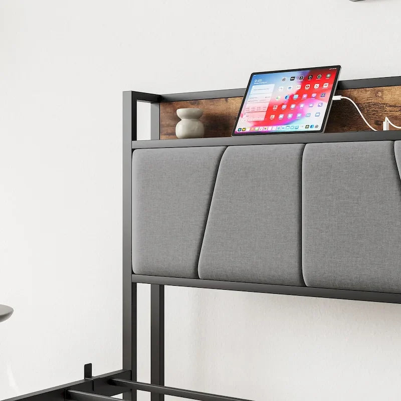 Twin Size Bed Frame with Storage Headboard and Charging Station