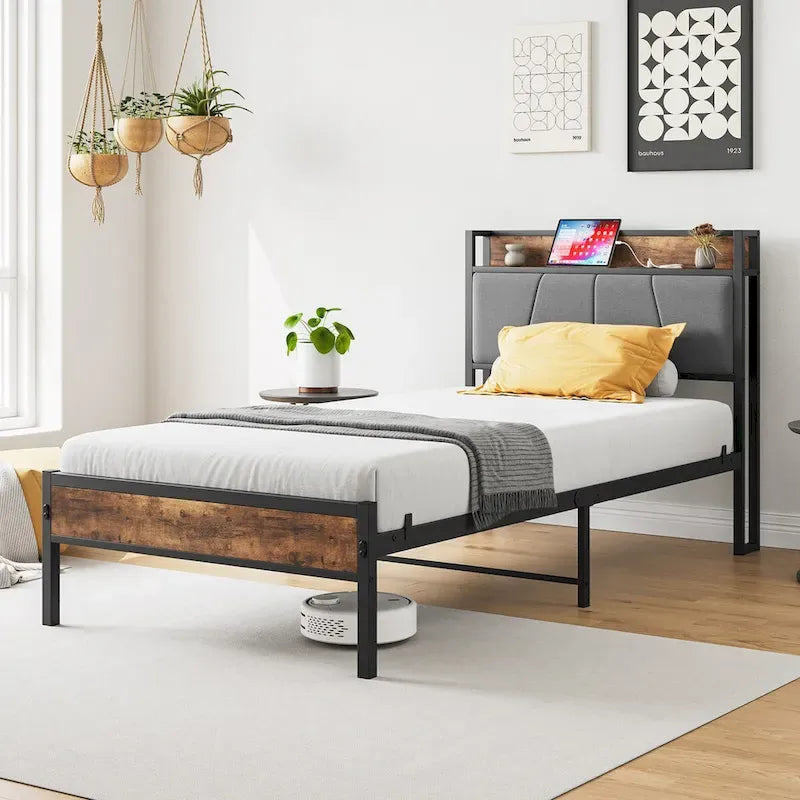 Twin Size Bed Frame with Storage Headboard and Charging Station