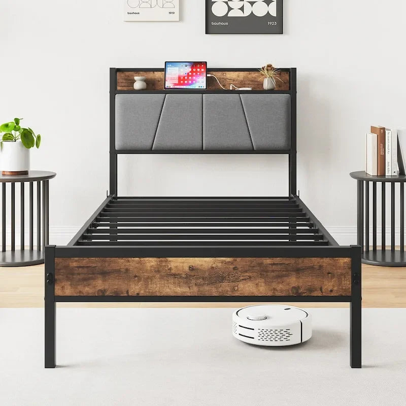 Twin Size Bed Frame with Storage Headboard and Charging Station