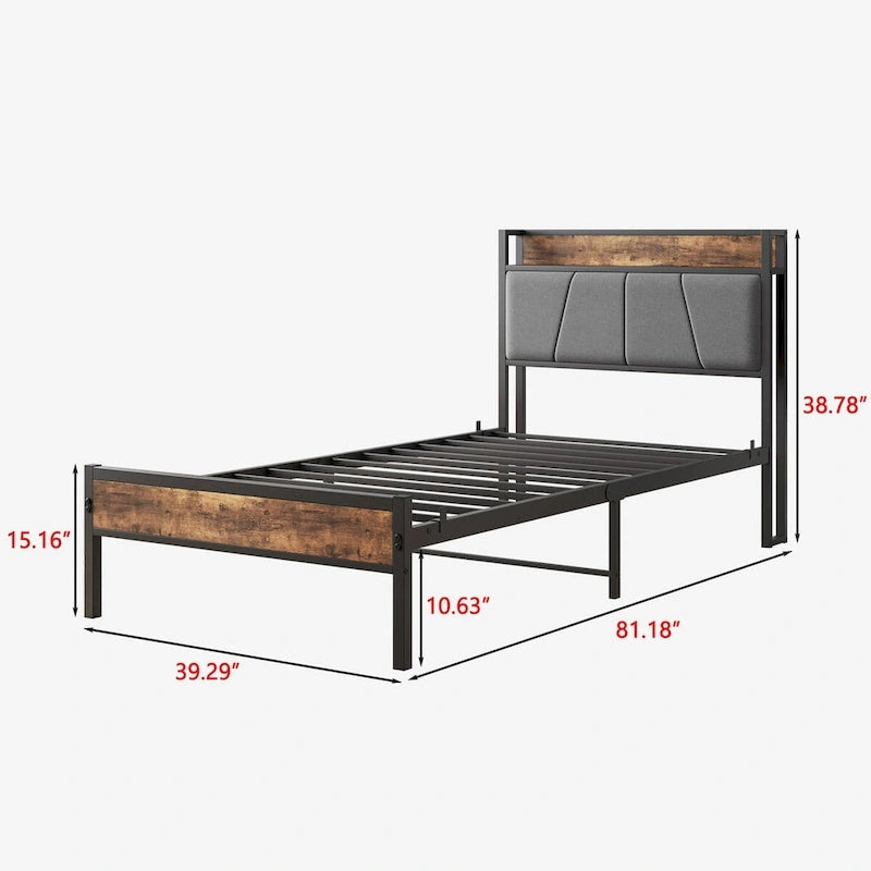 Twin Size Bed Frame with Storage Headboard and Charging Station